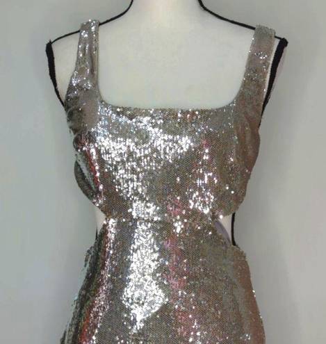 Halston Heritage HALSTON GUILIANA SILVER SEQUIN CUTOUT DRESS