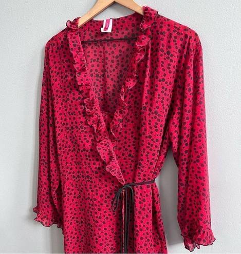 Natori  Robe & Nightgown Set Red and Black Leopard Spots Ruffle Size Medium Large