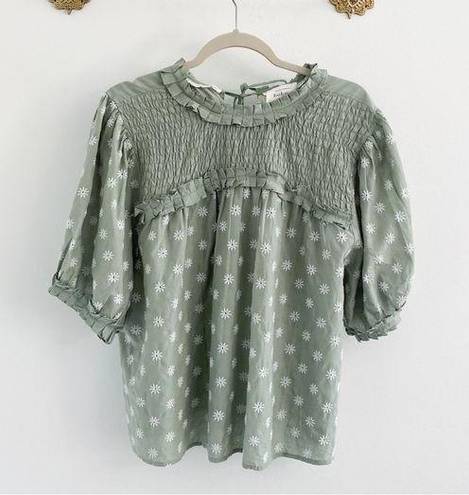 Bohme Sage Green Embroidered Floral Puff Sleeve Tassel Blouse Boho