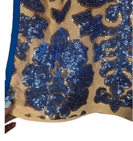 Tracy Reese  for Neiman Marcus Beige & Blue Sequin Floral Blouse Women Sz M