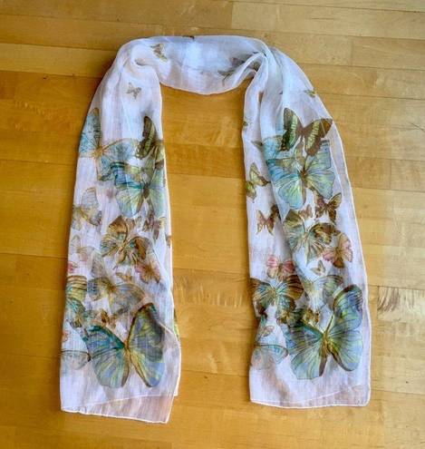 Ecru Butterfly Print Sheer, Lightweight Scarf, Ivory, Cream, , Colorful