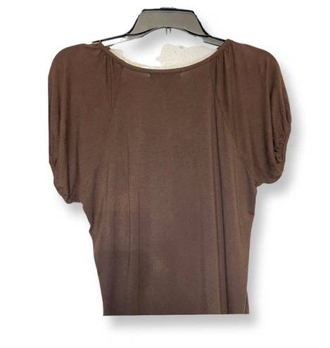 August Silk Womens Blouse Brown Embellished Short Sleeve Scoop Neck Stretch L