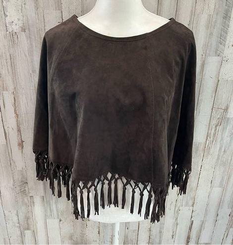 Vera Pelle  Brown Suede Leather Fringe Boho Cape Poncho Western Italian