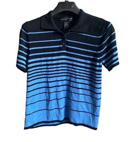 August Silk  Knits 100% Silk Blue/Black Striped Top. Size Large.