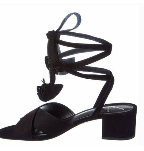 Brian Atwood  B-Astor Black Nubuck Ankle Wrap Block Heel Sandals