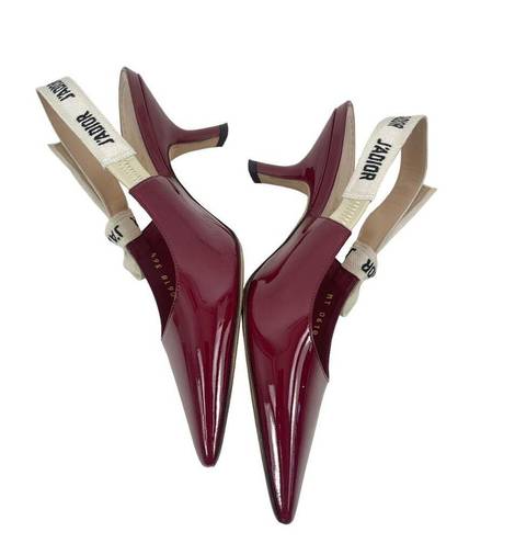 Dior  J'Adior Red Patent Leather Pointed Toe Logo Bow Slingback Pumps Size 36.5