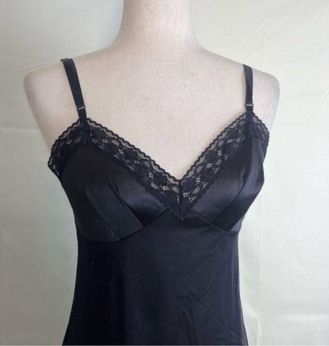 Vintage 80s 90s Black Satin Nightgown Slip Dress Lace Trim Mini Pinup Girl Small