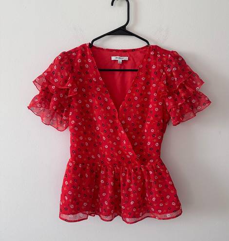 Madewell Red Metallic Prairie Posies Peplum Top