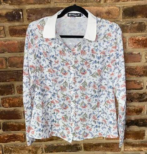 Allegra K  White Floral Long Sleeve Button Down Shirt Women's Size XS