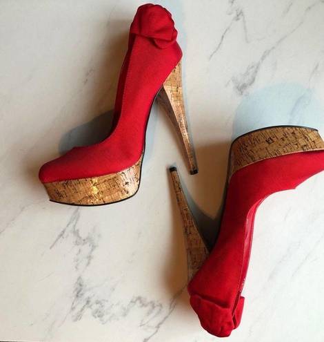 Bebe  Stiletto High Heels Kahilia Ruby Red Size 8 Platform Cork Bow Formal