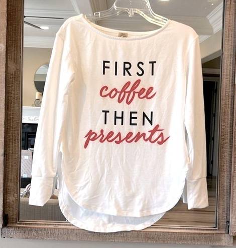 True Craft Christmas Shirt First Coffee then Presents Womens XS White Red Oversized Top