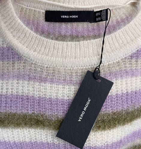 VERO MODA New  Grace Stripe Sweater Fuzzy Crewneck Pullover Birch Purple