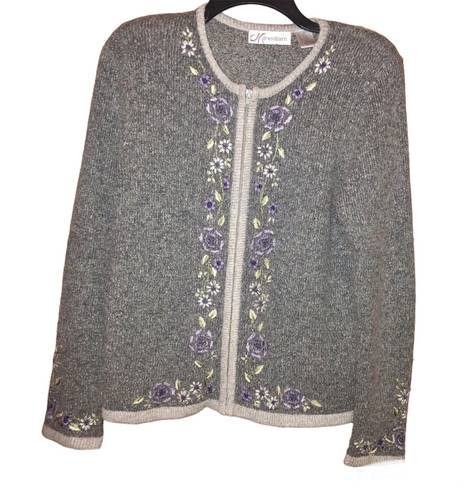 Dress Barn  Silk Angora Wool Silk Floral Embroidered Full Zip Sweater Grey Small