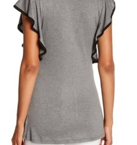 Bobeau  Solid Gray White Keyhole Cutout Short Flutter Sleeve Blouse Top Small SM