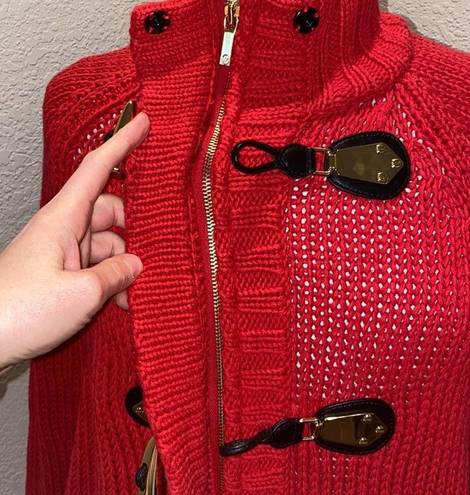 Michael Kors Michael  Chunky Knit Red Zipper Cardigan Sweater Dolman EUC Sz M