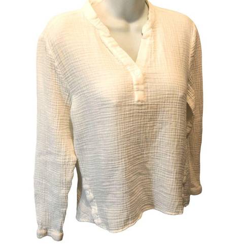 Garnet Hill  Textured Gauze Top Blouse Sz. 8 White V~Neck Long Sleeve Boho Style