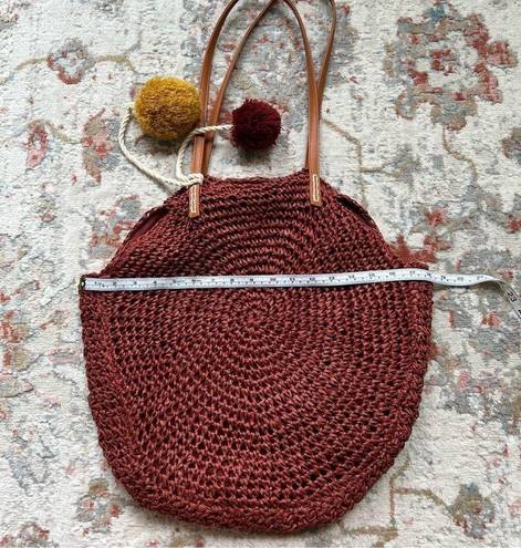 American Eagle  Straw Beach Bag Circular Rust Dark Red Tote with Pom Poms