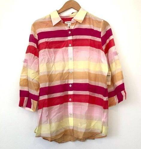 Coldwater Creek NEW NWT  Cotton Silk Stripe Shirt Pink 3/4 Sleeve Button Down MED