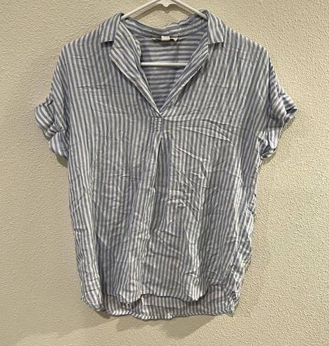 BeachLunchLounge  Women's Blue White Striped Collared Short Sleeve Shirt Small