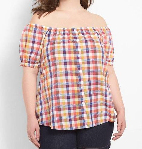 Lane Bryant  Plaid Cotton Off the Shoulder Short Sleeve Elastic Button Size 18/20