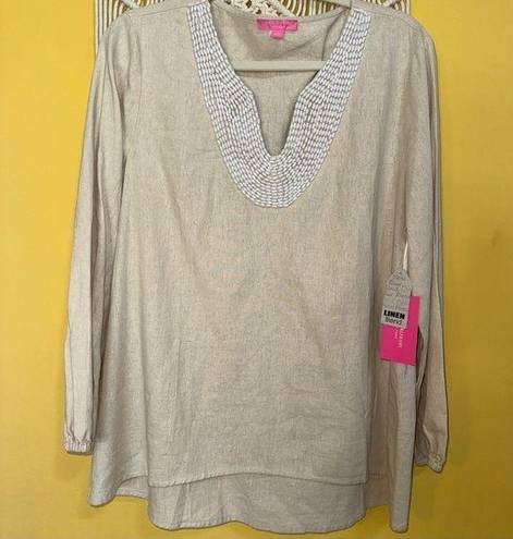 Isaac Mizrahi  NY Size Large Linen Blend Beaded Neck Beach Comfy Tunic Blouse