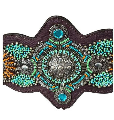 Chico's  Belt Womens M/L Brown Genuine Leather Beaded Snap Adjustable Western Boho