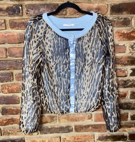 Rebecca Taylor  Blue Leopard Animal Print Cardigan Sweater Women's Size Small