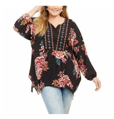 Style & Co  Womens Black Floral Long Sleeve Crochet Paisley Blouse Top Plus Size