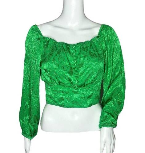 J.O.A. AFRM Women's Top Fem Green Satin Long Sleeve Crop Top Revolve Size Small