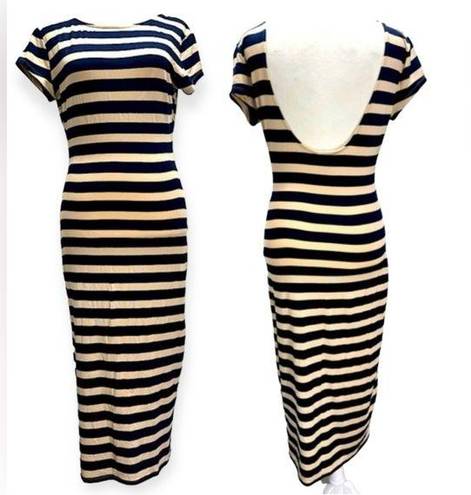 RD Style NEW  Navy & Beige Striped Open Back Cap Sleeve Fitted Maxi Dress Small