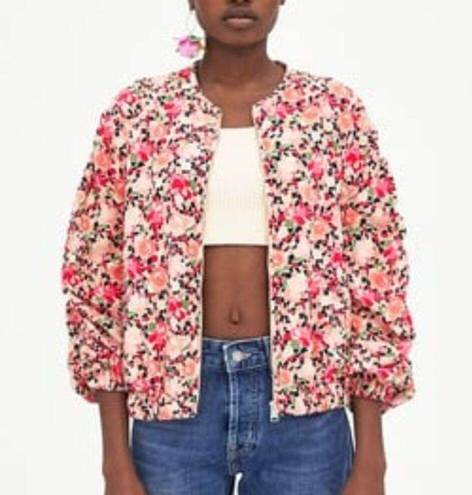 ZARA  Floral Bomber Jacket Womens‎ Size M Pink floral bomber Jacket Full Zip Up