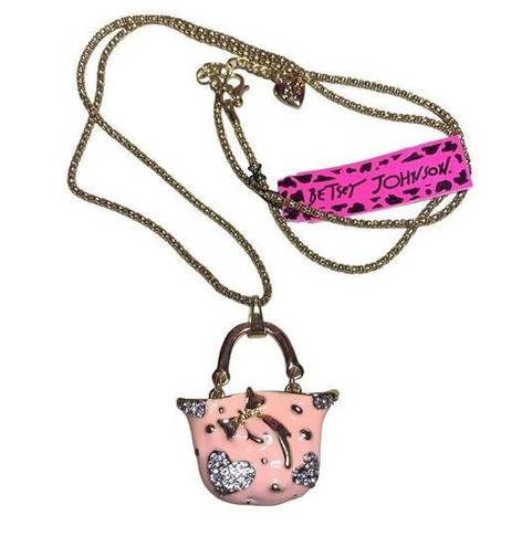 Betsey Johnson NWT  Pink with Clear Rhinestone Puruse Gold Tone Necklace