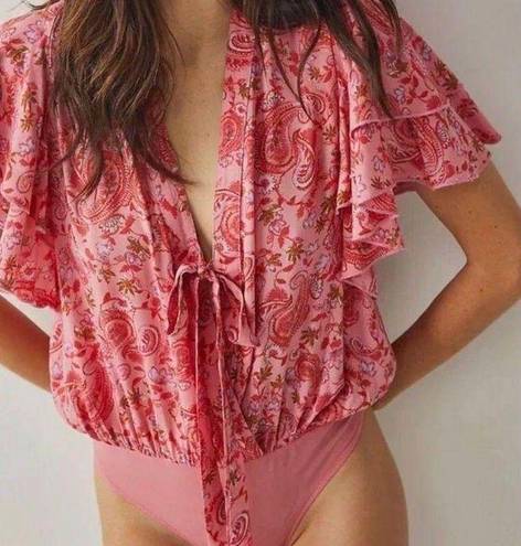 Free People Call Me Later Bodysuit Pink Paisley Ruffled Flutter Sleeve