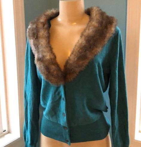 CAbi  Faux Fur Neckline Cardigan in Teal