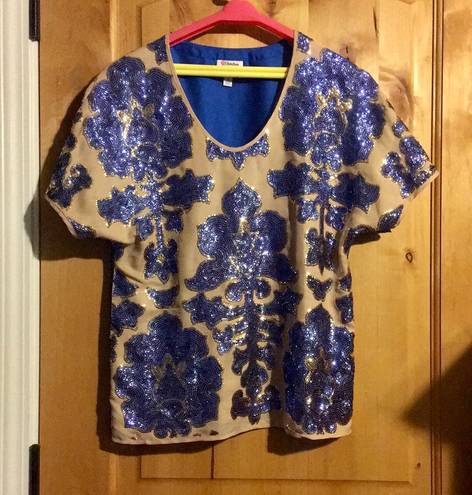 Tracy Reese for Neiman Marcus /Target Blue Ecru Sequined Blouse Top $79.99 EUC S