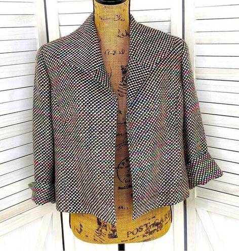 Doncaster  Neon Rainbow Silk Tweed Open Front Crop Blazer Jacket Black Multi 6