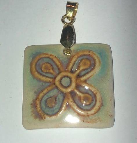 Vintage Gold Tone Floral Ceramic Stone Boho Square Chunky Pendant