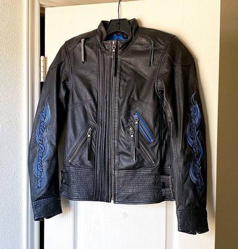 Harley Davidson Jacket Misty Waters Leather Moto Biker Black Blue Flames XS GUC