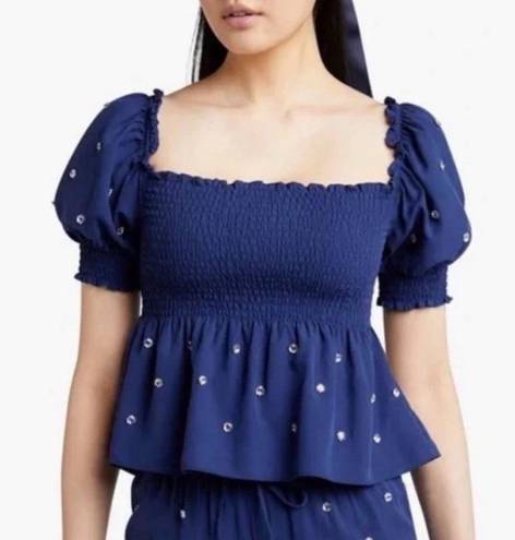 Hill House  Jeweled Jammie Top in Navy Blue Puff Sleeves