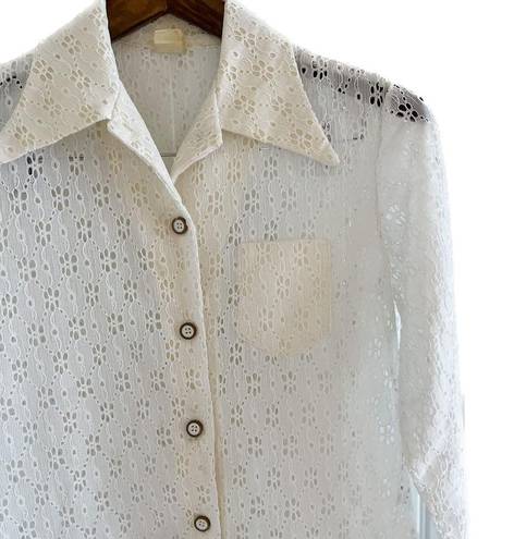 Daisy Vintage 70s  lace ruffle off white wide collar button down blouse size M