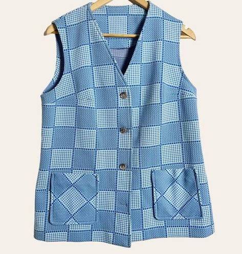 Vintage Blue 70’s  Checkered Print Sleeveless Button Front Vest Size L