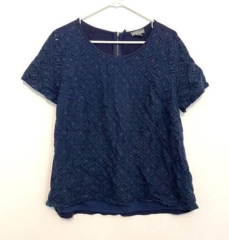 Market & Spruce MARKET SPRUCE STITCH FIX Plus Size Hans Crochet Front Top Navy Blue Short Sleeve