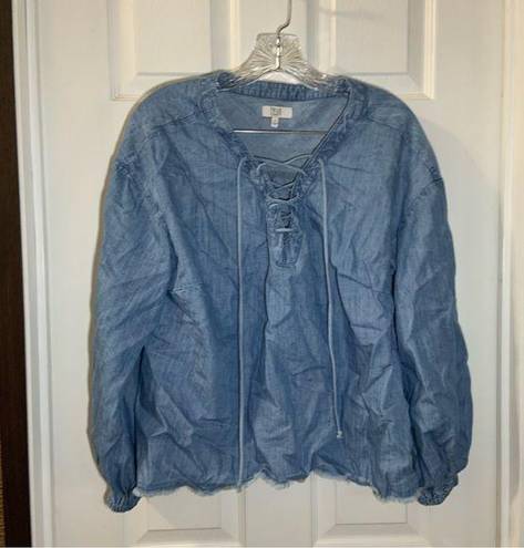 True Craft  Blue Chambray Lace Up Neck Blouse size 0X