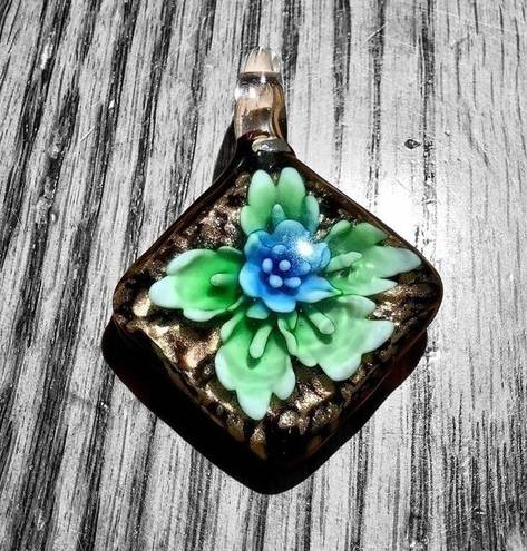 None Hand Blown Diamond Shaped Green Blue Flowering Plant Glass Floral Pendant