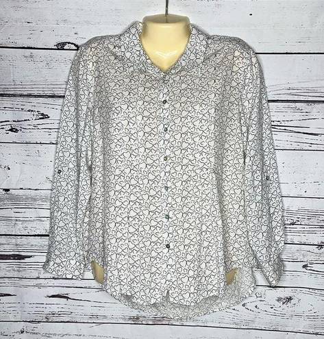 Jane and Delancey  Size L White & Black Heart Print Button Down Shirt Top