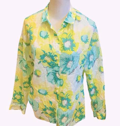 The Loft  Lightweight Semi Sheer Floral Button Down Shirt Blouse Green Yellow XS