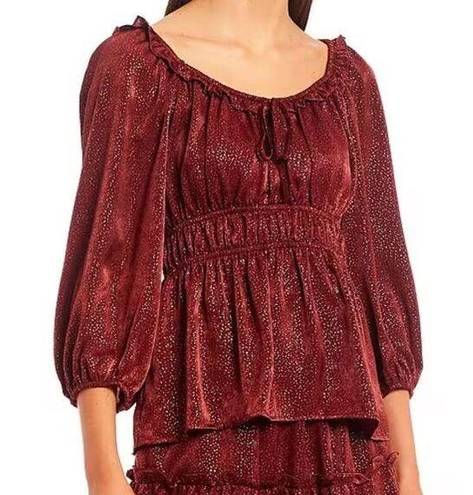 Blu Pepper NEW  Ruffle Scoop Neck Shimmer 3/4 Sleeve Peasant Top Women’s Small