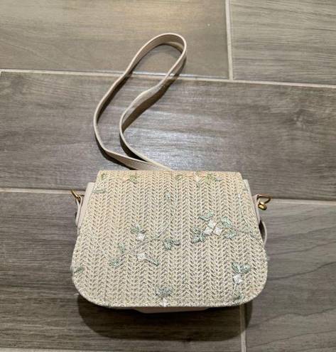 Woven straw floral embroidered saddle bag mini purse