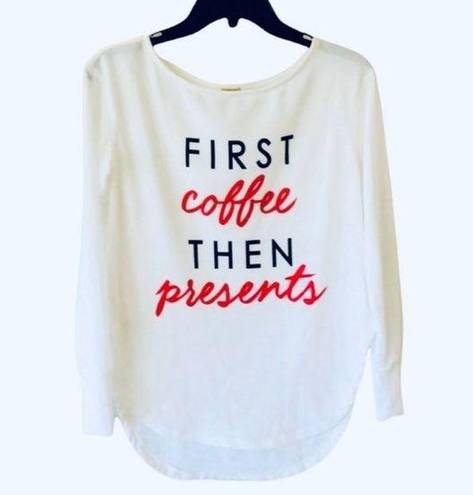 True Craft Christmas Shirt First Coffee then Presents Womens XS White Red Oversized Top