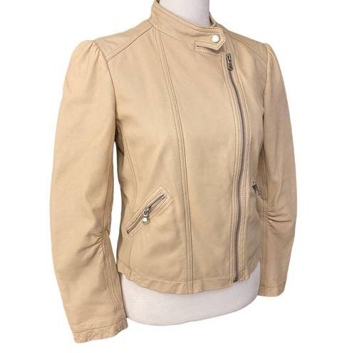 Rebecca Taylor  Womens Lamb Leather Moto Jacket Full Zip Long Sleeve Nude Cream 2